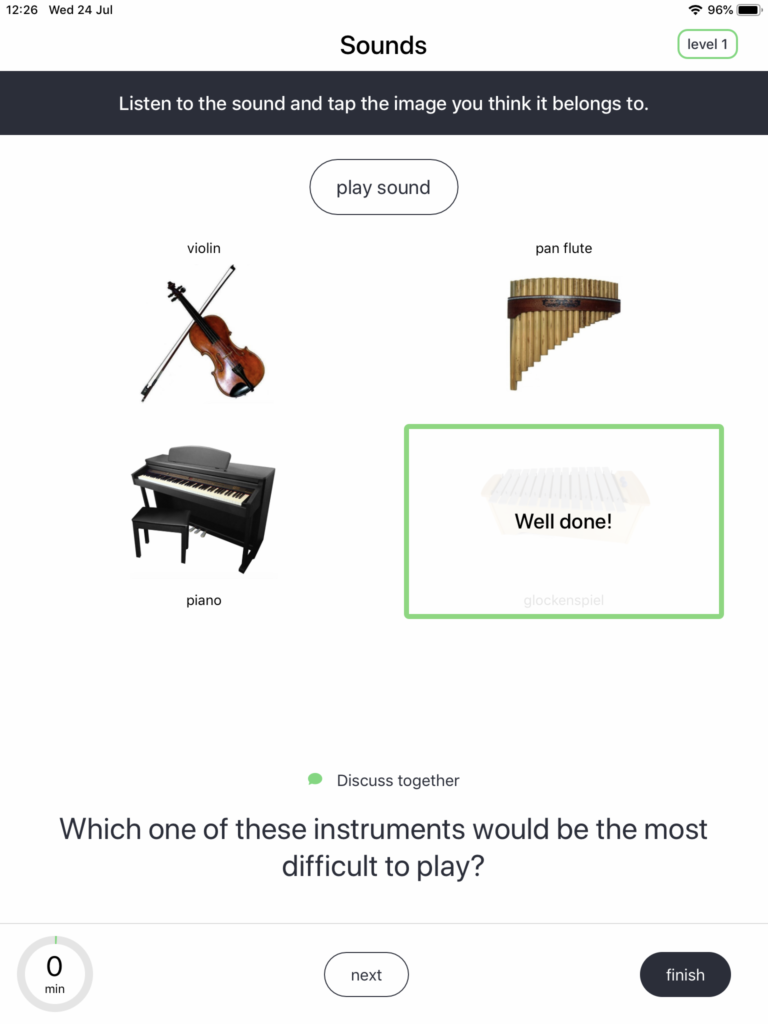 Screenshot of Thinkability app, asking which instrument is playing when you hear the sound