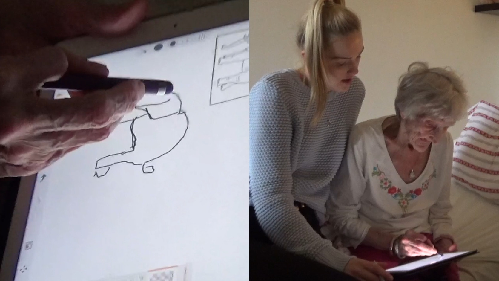 Still of video: woman drawing an elephant using an Ipad